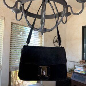 Salvatore Ferragamo Black Suede Top Flap Shoulder Bag, EUC
